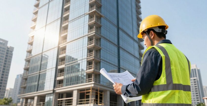 Building surveyor examining plans on a tablet at a construction site.