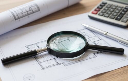 Building surveyor examining blueprints for a construction project.