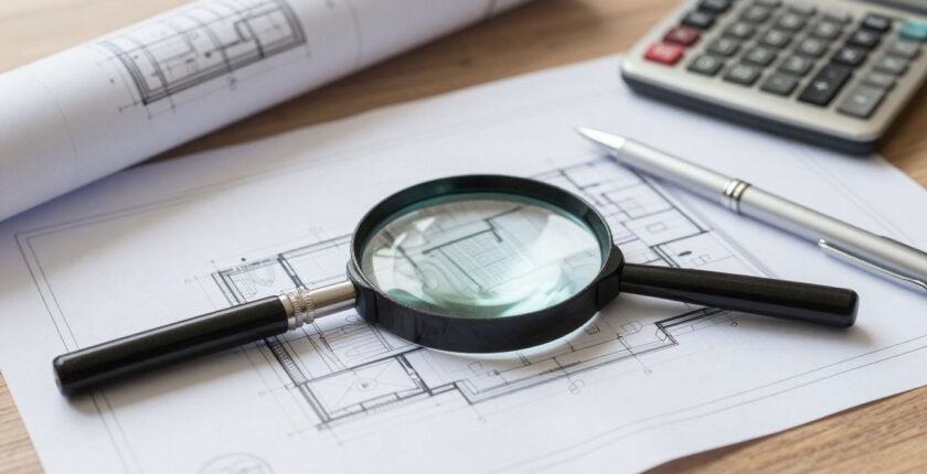 Building surveyor examining blueprints for a construction project.