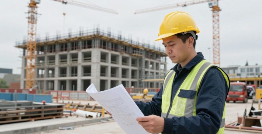 Construction project manager overseeing a building site with blueprints.