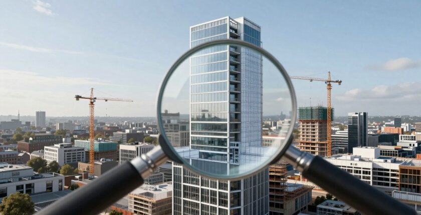 Architectural blueprint of a UK building with a magnifying glass and cityscape.