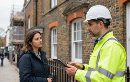 Building surveyor inspecting brick property with tablet and colleague
