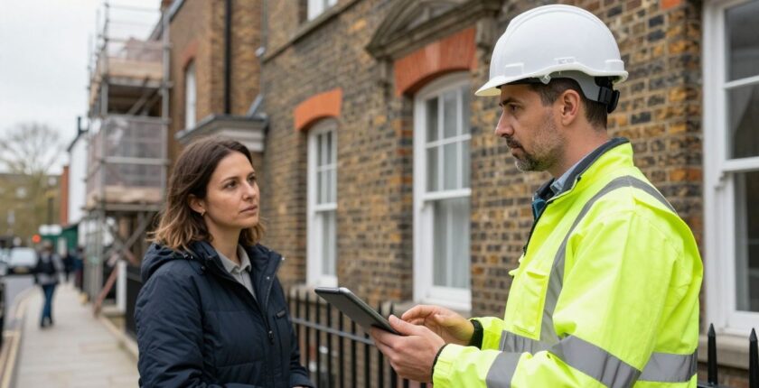 Building surveyor inspecting brick property with tablet and colleague